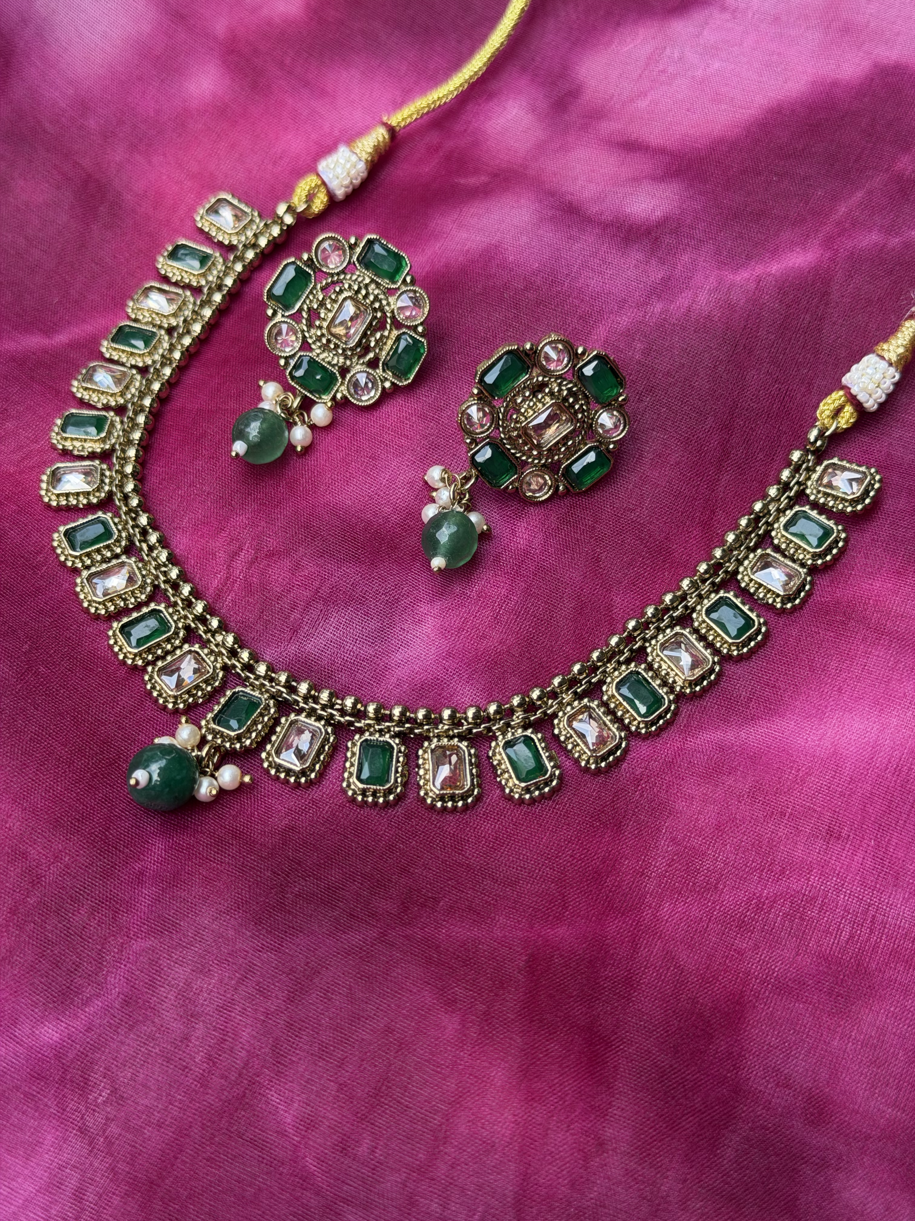 Antique Square Stone Necklace Set Hover